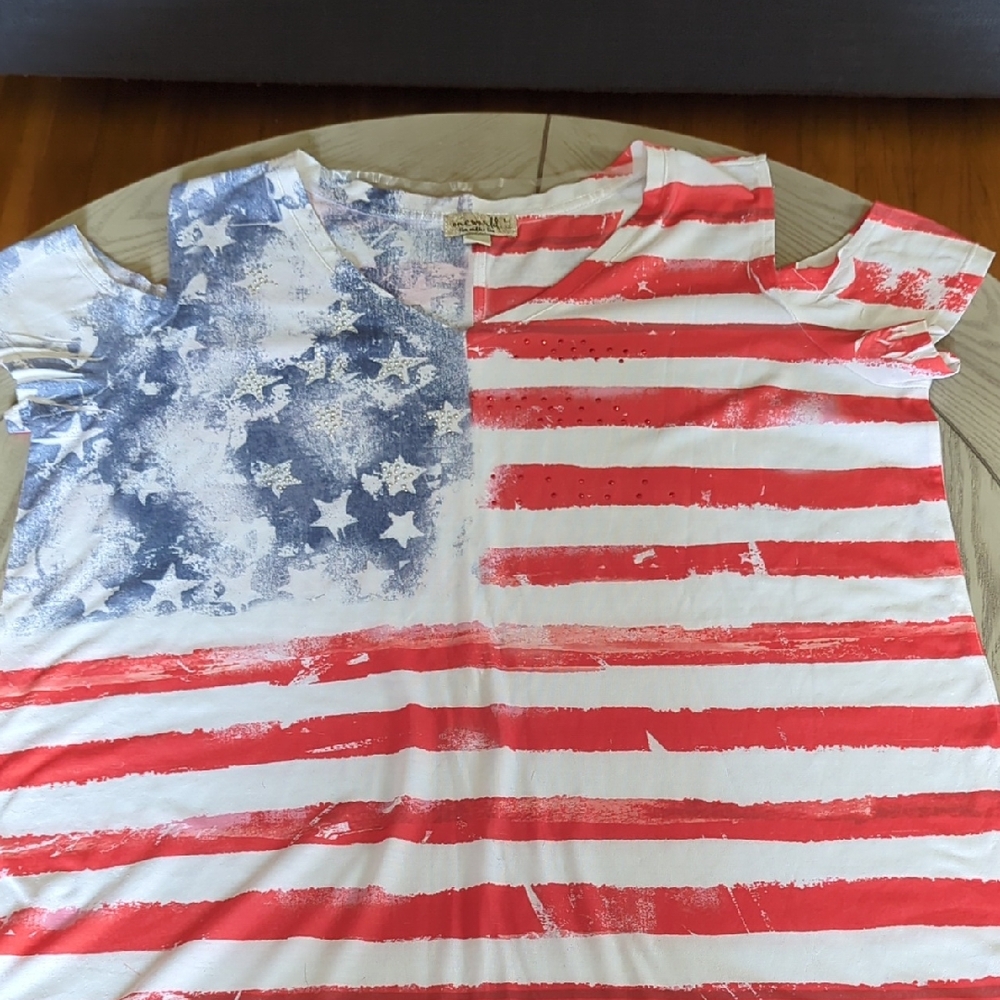 ONE WORLD  Patriotic Tee - Blue, Red, and White